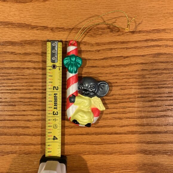 VINTAGE HANDMADE CERAMIC CHRISTMAS ORNAMENT, MOUSE HANGING ON A CANDY CANE - Picture 3 of 4